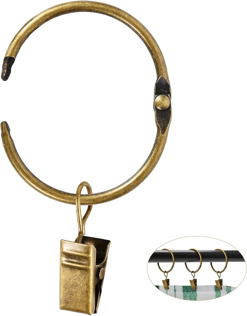 Hanitronic 32 PCS Antique Brass Curtain Rings with Clips, Openable Drapery Metal Clip Rings for Hanging Drapes Decorative Fit Up to 3/4-inch Windows Rods (1“ Inner Diameter) - Image 1